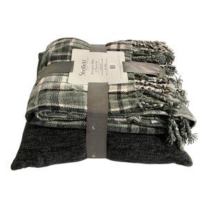 Sheffield Home Decorative Pillow & Throw Set Green Plaid Chenille Fringe Soft